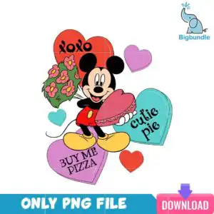 vlt25122303-xoxobuymepizzapng.png Mickey Mouse holding a pink heart-shaped box and pink flowers, surrounded by candy-heart shapes and XOXO lettering
