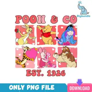 Six cartoon animal figures on pink and red tiles with hearts, roses and envelopes, under the heading POOH & CO