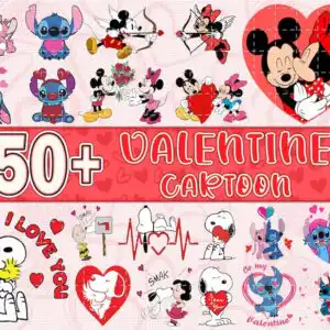 valentinecartoon.jpg Valentine cartoon collage with Stitch holding a heart, Mickey and Minnie, and Snoopy on blush pink