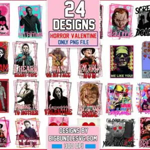 Horror Valentine character portraits with masked figures, stitched dolls, hearts and love slogans