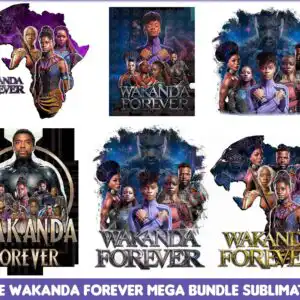 wakandaforeversublimation7.99.jpg Wakanda Forever bundle preview sheet showing group portraits, panther head silhouette and circular halo on purple banner