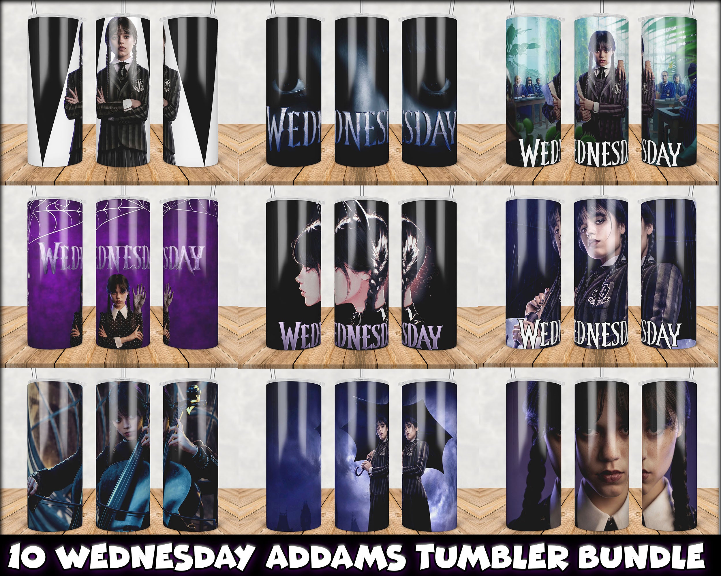 Version 2 - 10 Wednesday Addams Family Skinny Tumbler 20oz Sublimation Wrap, Netflix series bundle, Digital Download