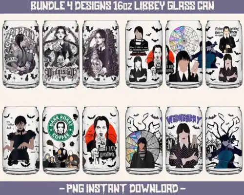 WednesdayGlassWrapPNG5.99.jpg Version 2 - 4 Wednesday Addams Glass Wrap PNG, 16oz Libbey Can Glass, Addams Sublimation bundle