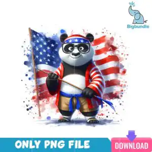 Cartoon panda bear with black eyeglasses and patriotic robe holding American flag