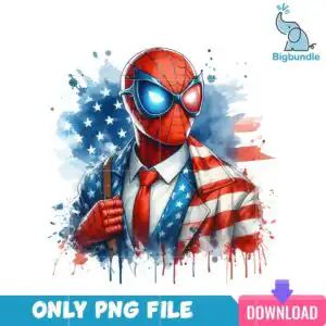 a_12.png Patriotic costumed hero illustration wearing flag-themed suit and red web-patterned mask with glowing blue and red lenses