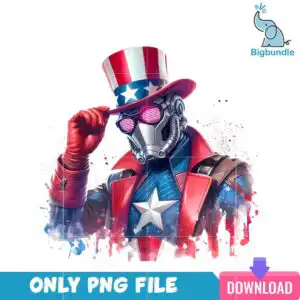 Stylized patriotic hero in star-spangled top hat and blue chest star with red watercolor splatter