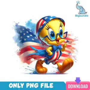 a_16.png Cartoon yellow bird in patriotic outfit holding small American flag with large flag behind