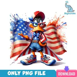 Confident cartoon duck in backwards cap, star glasses, striped jacket and blue shorts in front of wavy American flag