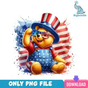 Winnie the Pooh waving in a red, white and blue striped top hat and star sunglasses on a watercolour American flag