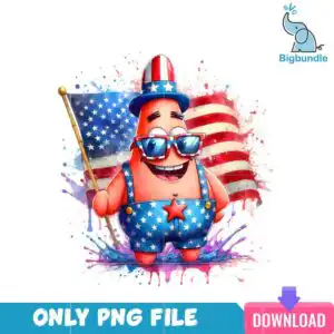 a_25.png Cartoon Patrick star figure in patriotic hat and starry blue overalls holding American flag