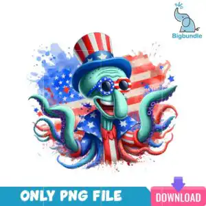 Cartoon octopus figure wearing star-spangled top hat and sunglasses with red and blue paint splatters