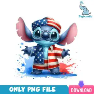 Cute blue alien-like creature with large ears wearing glasses, star and stripe beanie and shirt