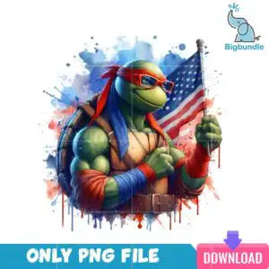 Cartoon muscular turtle in red eye mask and glasses holding American flag with blue and red watercolor splatter