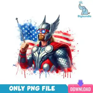Armored hero figure with winged helmet and star-spangled sunglasses in front of a watercolor American flag