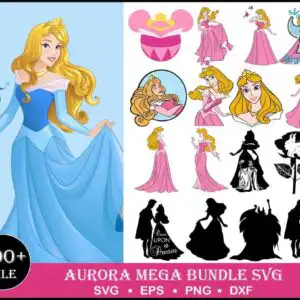 aurora-svg-bundle-100-png-dxf-pdf-687.jpg Collage preview of Princess Aurora in blue and pink dresses with fairy and dragon silhouettes on light blue and white