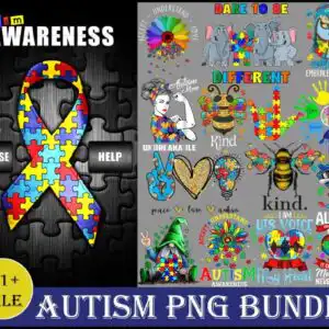 Autism awareness puzzle piece PNG collage with puzzle ribbon and Autism Mom graphics