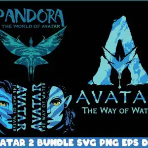 Preview sheet with banshee, floating mountain letter A and blue Na'vi faces with PANDORA text on black background