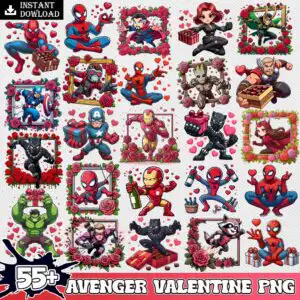 avengervalentinepngbundle.jpg Valentine's Day grid of 20 chibi Marvel superheroes with red roses, hearts and gift boxes on a transparent background