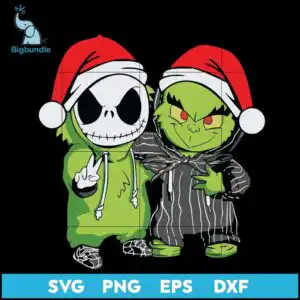 Two chibi monsters in Santa hats, one with white skull face and one with green furry face, doing peace signs
