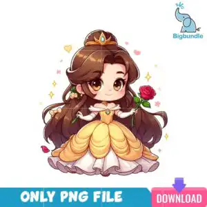 baby1.png Chibi princess with long brown updo, gold tiara and yellow ball gown holding a red rose on a transparent background