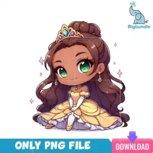 baby16.png Chibi princess with long wavy brown hair, gold tiara with blue and purple gems, and yellow ball gown with white gloves