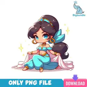 baby3.png Chibi-style cartoon young woman with a high ponytail, gold tiara and turquoise harem pants, sitting with pale draped fabric