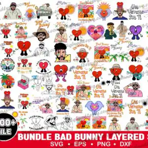 Collage preview sheet of Bad Bunny cartoon portraits and cute heart mascots with tropical icons