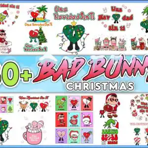 Collage preview sheet of cartoon heart characters with Santa hats and Una Navidad Sin Ti Christmas lettering in red green