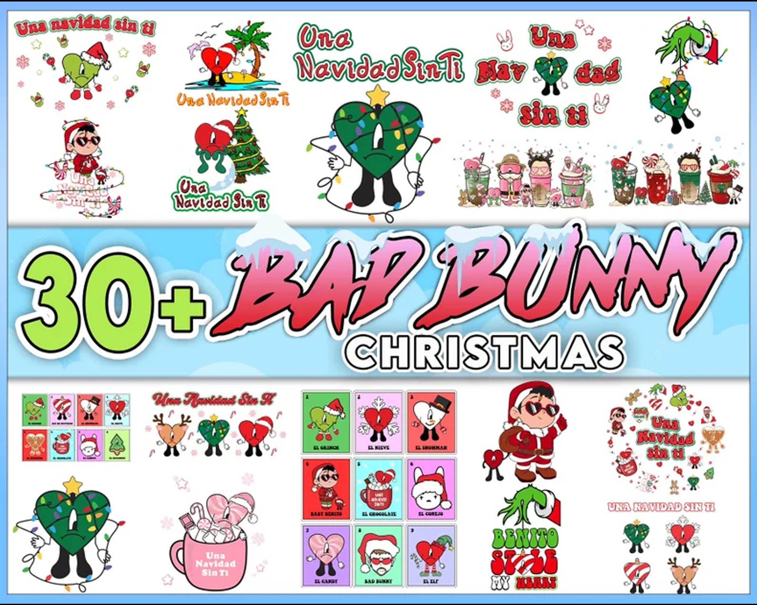 30+ Christmas Bad Bunny, Xmas 2022 Bad Bunny digital designs, Bad Bunny PNG SVG, Digital download.