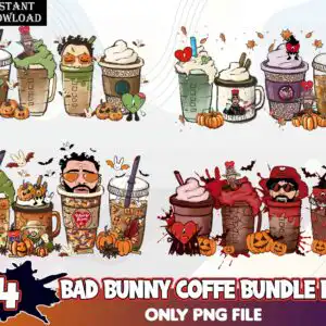 badbunnycoffebundle5.99.jpg Sixteen cartoon iced coffee cups with Halloween pumpkins, bats and whipped cream on white background
