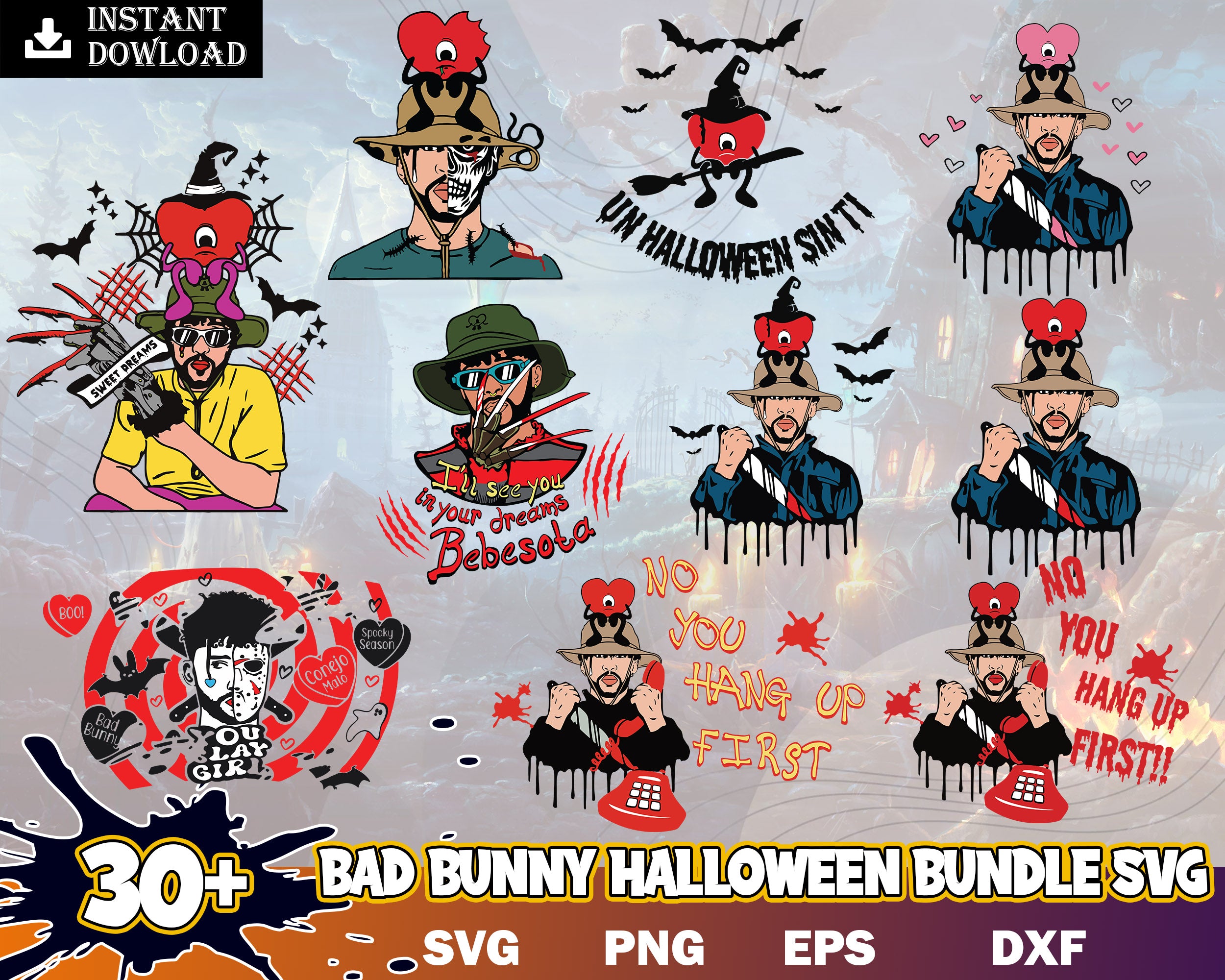 30+ Bad Bunny Halloween, Bad Bunny Horror SVG, Bad Bunny svg, Freddy Kruger svg, Digital download.