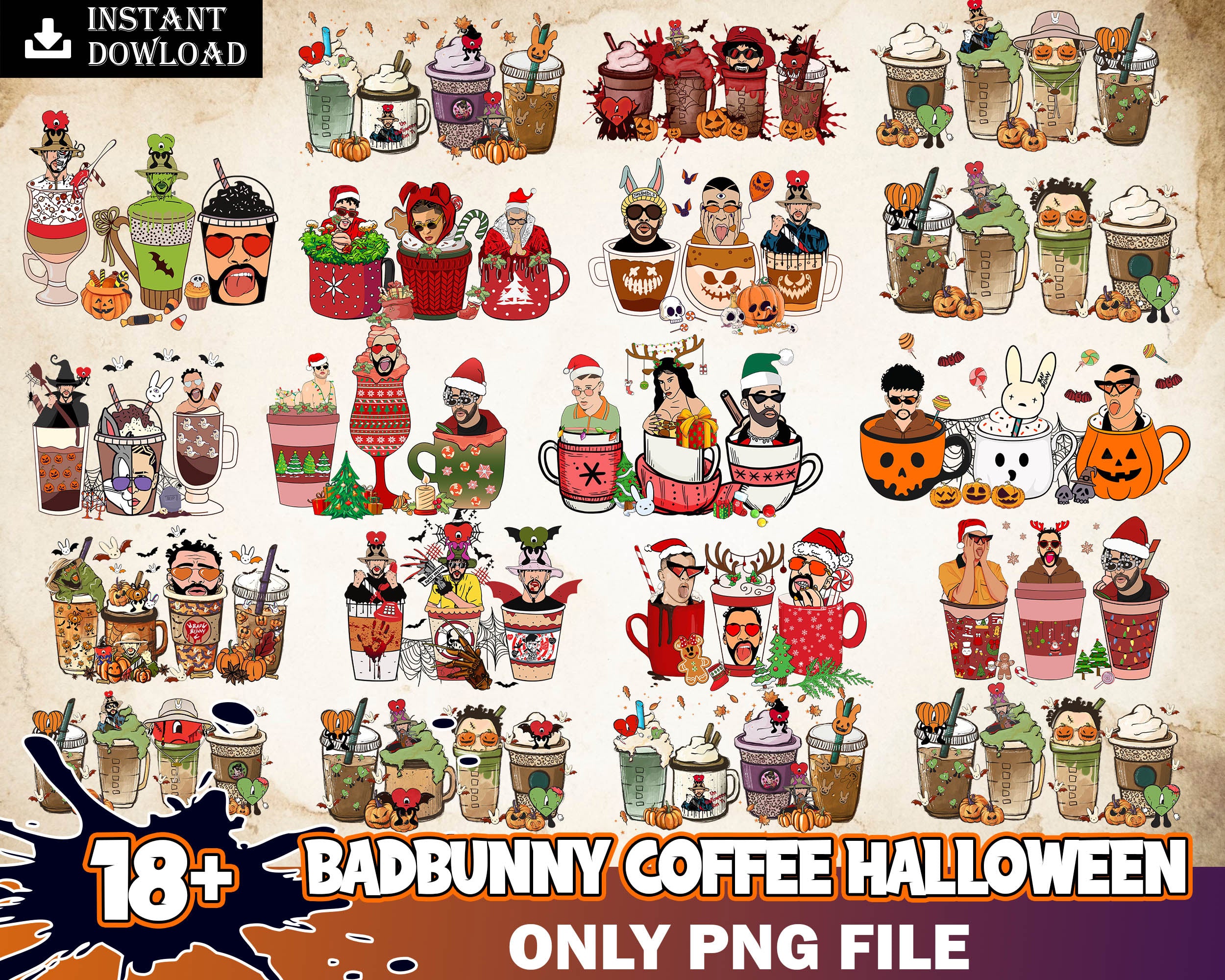 18+ Bad Bunny Halloween coffee, Bad Bunny Horror PNG, Bad Bunny coffee cups in png format, Digital download.