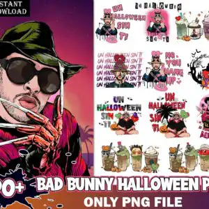 badbunnyhalloweenbundle90_7.99.jpg Preview sheet of Bad Bunny Halloween cartoon graphics with wide hats, iced coffee cups, ghosts and pumpkins