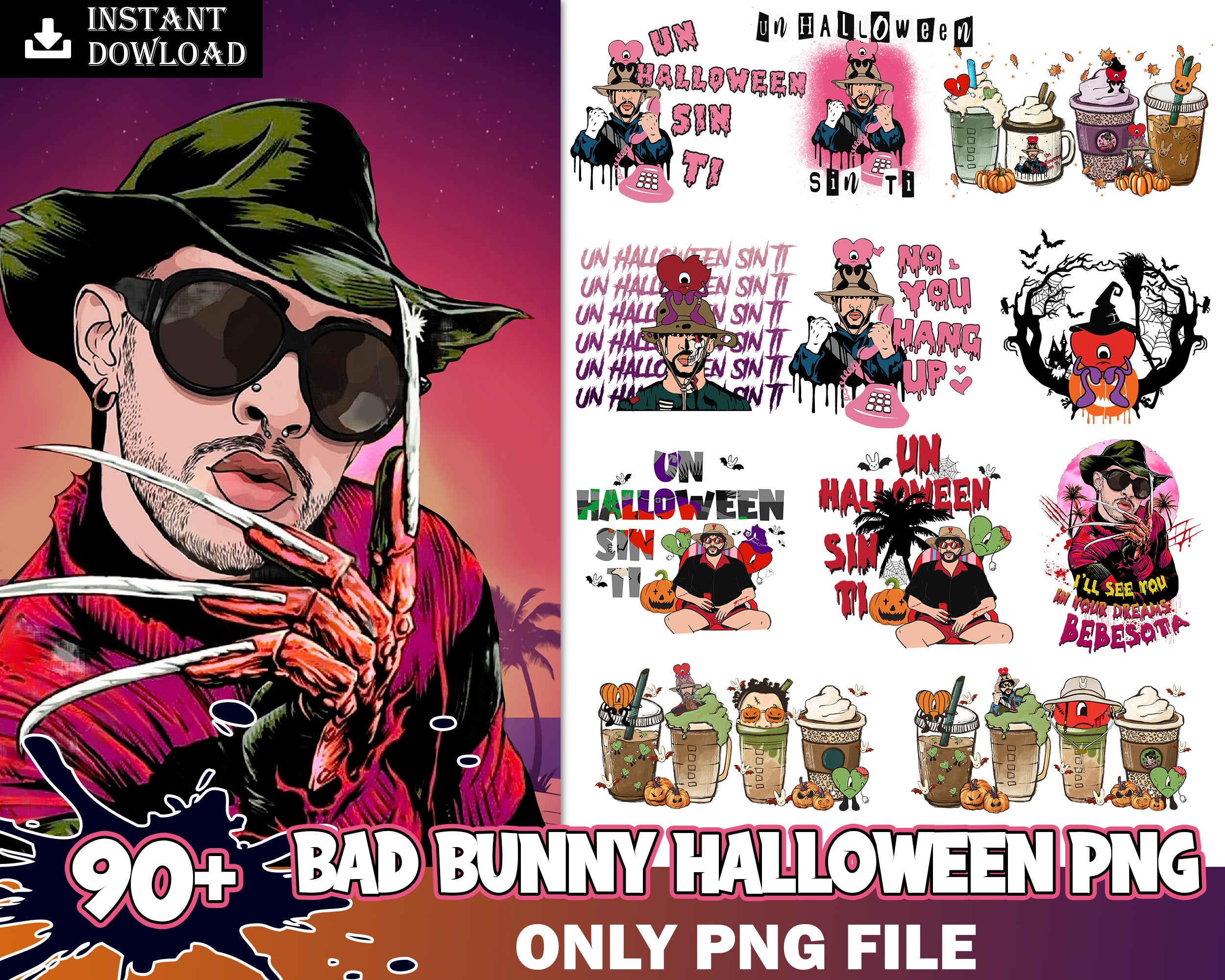 90+ Bad Bunny Halloween, Bad Bunny Horror only PNG, Bad Bunny Png, Digital horror download.