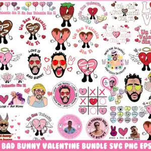 Pattern of pink and red broken hearts with faces, Bad Bunny portraits and candy hearts on a white background