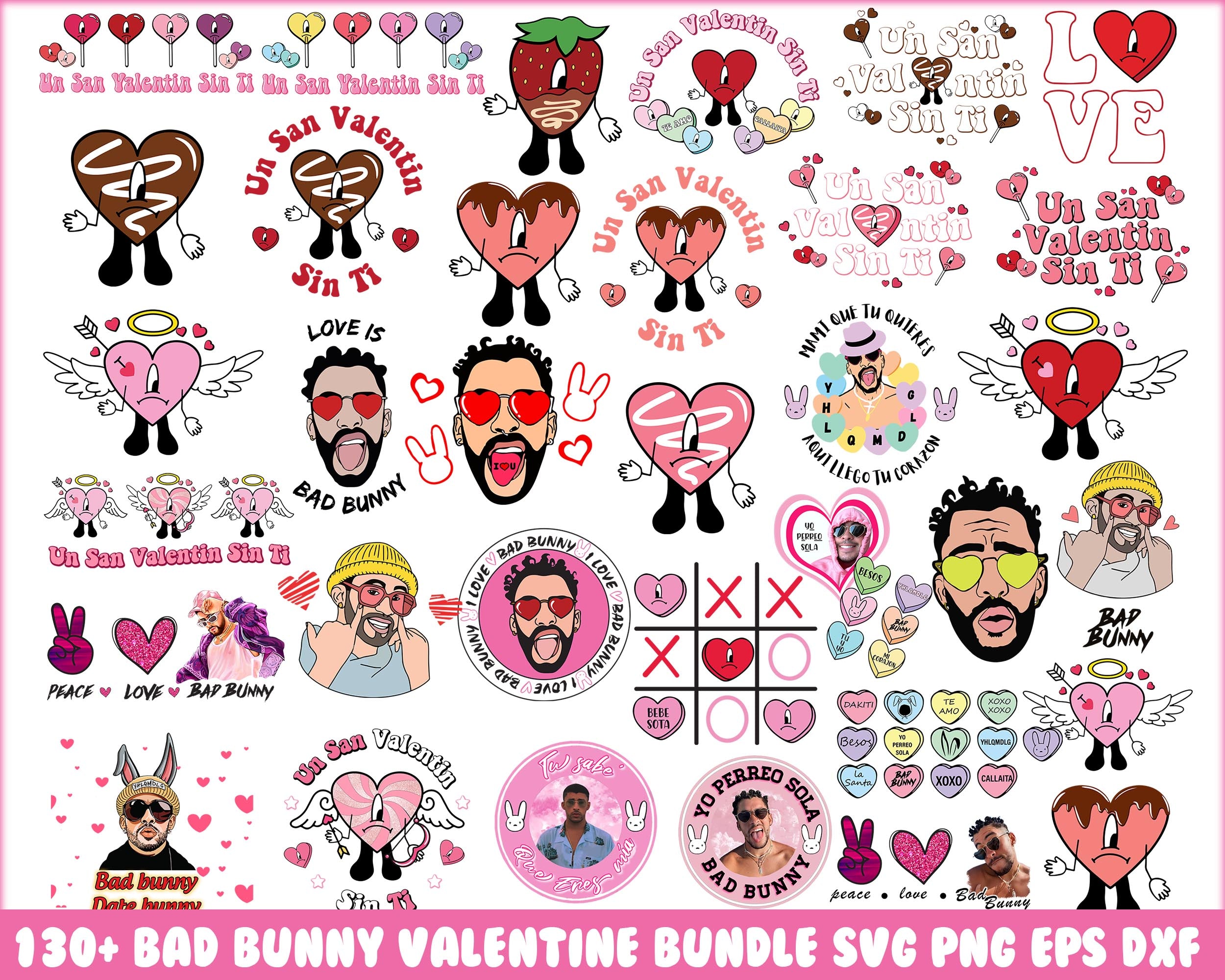 130+ Bad bunny Valentines bundle, Valentine SVG PNG, eps dxf Design - Digital Download