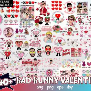 Bad Bunny Valentine clip-art sheet with red and pink hearts, sunglasses, roses and Spanish lettering on white