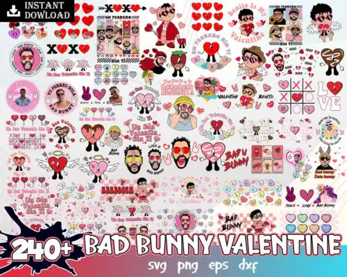 Version 2 - 240+ Bad bunny Valentines bundle, Valentine SVG PNG, eps dxf Design - Digital Download