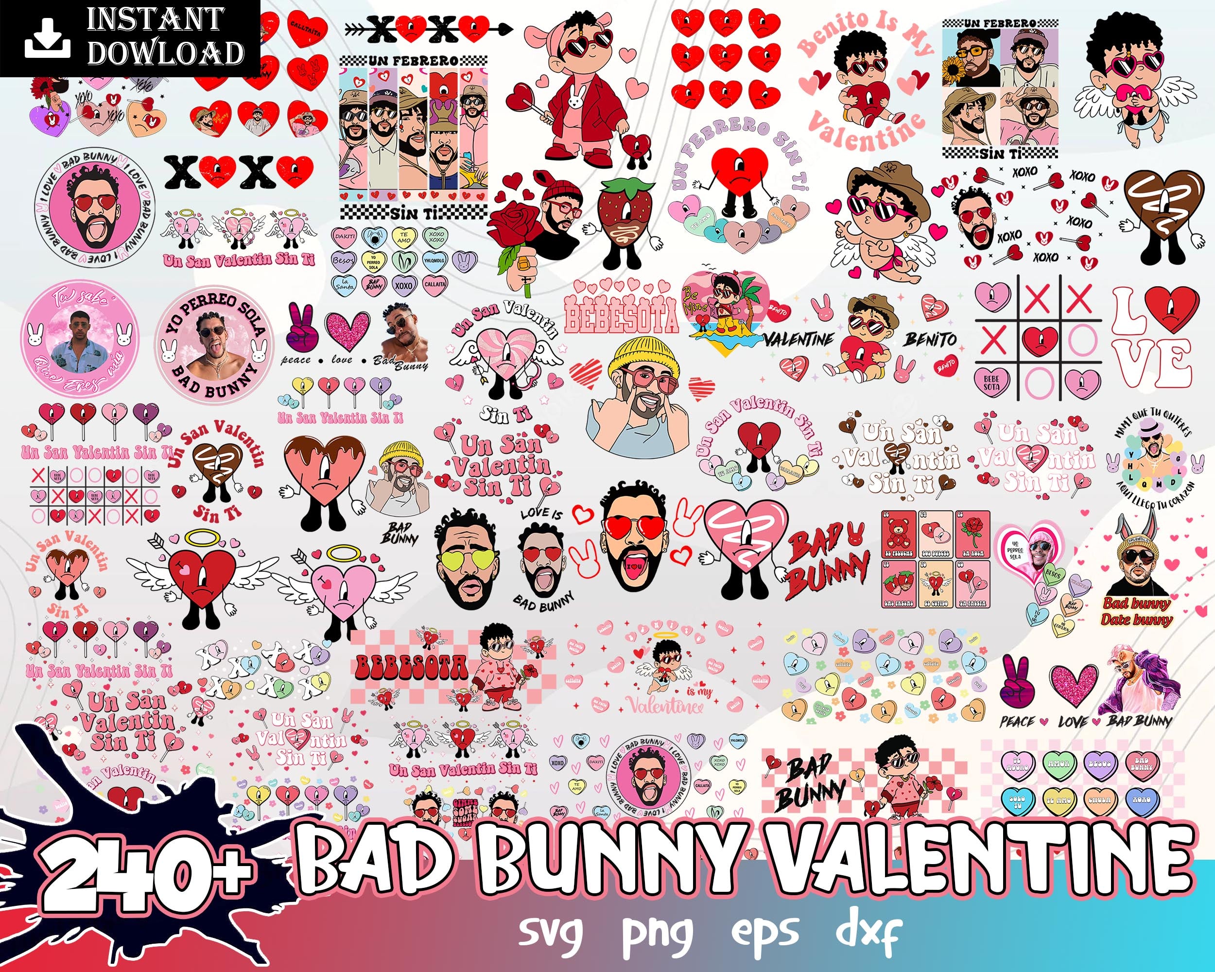 Version 2 - 240+ Bad bunny Valentines bundle, Valentine SVG PNG, eps dxf Design - Digital Download