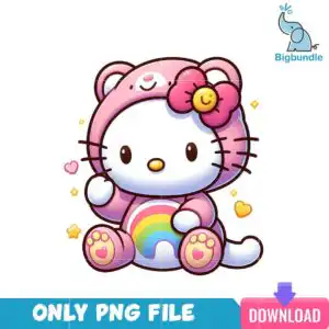 bear5.png White kawaii kitty in a pink bear-hood costume waving, with a rainbow on its belly and yellow stars around it