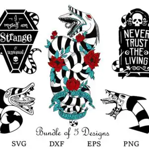 beetlejuicesvgbundle5.99.jpg Gothic clip art preview showing striped sandworm, coffin, tombstone, skull, roses and Halloween quotes on white