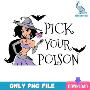 bigbundle-3.jpg Cartoon witch-costumed woman in gray hat holding pink swirl lollipop with PICK YOUR POISON text