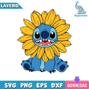 Seated Stitch character wearing a sunflower as a hood, smiling with open teeth, in yellow, blue and navy flat colours
