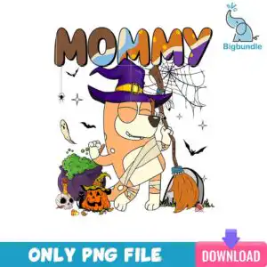 bigbundle-bluey-hallowween-_14.jpg Cartoon dog mom in purple witch hat with MOMMY text, broom and Halloween cauldron