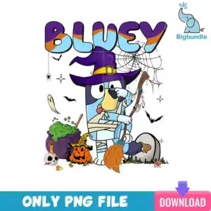 bigbundle-bluey-hallowween-_15.jpg Cartoon dog in purple witch hat with broom, cauldron and pumpkin, Halloween design