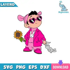 Chibi cartoon boy in pink bunny ear hood and hot pink blazer holding yellow sunflower and gray bunny plush