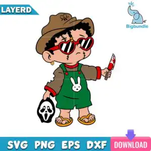 bigbundle-baby-benito-halloween.jpg Cartoon toddler in green overalls with bunny face holding bloody knife and white mask