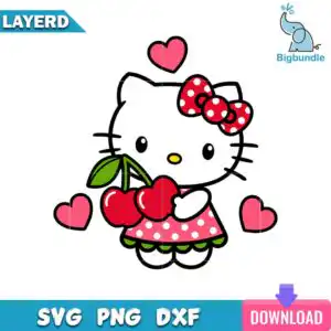 Kawaii white cartoon cat in pink polka dot dress holding red cherries with red polka dot bow