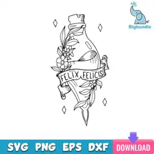 bigbundle-hp-_9.jpg Black line-art potion bottle with flowers, leaves and a FELIX FELICIS banner ribbon on a white background