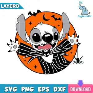 bigbundle-halloween-alien-jack.jpg Cartoon creature in pinstripe costume with bat bowtie inside orange Halloween circle with bats and stars